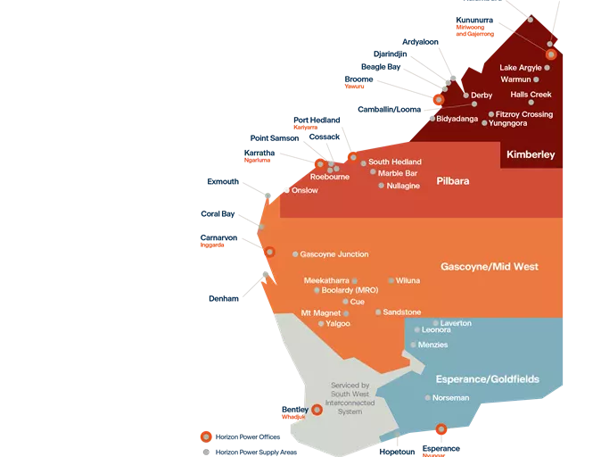 map of areas served by horizon power in regional wa